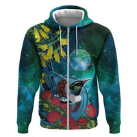 New Zealand Tui Bird Zip Hoodie Maori Koru With Pohutukawa Galaxy Style - Polynesian Pride