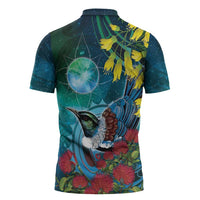 New Zealand Tui Bird Zipper Polo Shirt Maori Koru With Pohutukawa Galaxy Style - Polynesian Pride