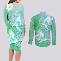 Couple Sea Turtle One Love One Heart Couples Matching Long Sleeve Bodycon Dress and Long Sleeve Button Shirt LT05 - Polynesian Pride