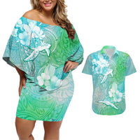 Couple Sea Turtle One Love One Heart Couples Matching Off Shoulder Short Dress and Hawaiian Shirt LT05 Aqua - Polynesian Pride