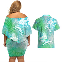 Couple Sea Turtle One Love One Heart Couples Matching Off Shoulder Short Dress and Hawaiian Shirt LT05 - Polynesian Pride
