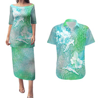 Couple Sea Turtle One Love One Heart Couples Matching Puletasi Dress and Hawaiian Shirt LT05 Aqua - Polynesian Pride