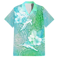 Couple Sea Turtle One Love One Heart Family Matching Off Shoulder Maxi Dress and Hawaiian Shirt LT05 Dad's Shirt - Short Sleeve Aqua - Polynesian Pride