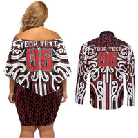 Custom Aotearoa Ngapuhi Couples Matching Off Shoulder Short Dress and Long Sleeve Button Shirt Maori Tribal Pattern Mix Poutama