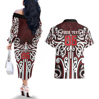 Custom Aotearoa Ngapuhi Couples Matching Off The Shoulder Long Sleeve Dress and Hawaiian Shirt Maori Tribal Pattern Mix Poutama LT05 - Polynesian Pride