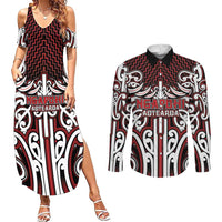 Custom Aotearoa Ngapuhi Couples Matching Summer Maxi Dress and Long Sleeve Button Shirt Maori Tribal Pattern Mix Poutama