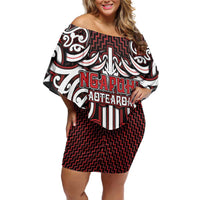 Custom Aotearoa Ngapuhi Family Matching Off Shoulder Short Dress and Hawaiian Shirt Maori Tribal Pattern Mix Poutama LT05 Mom's Dress Red - Polynesian Pride