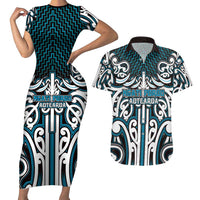 Custom Aotearoa Ngati Porou Couples Matching Short Sleeve Bodycon Dress and Hawaiian Shirt Maori Tribal Pattern Mix Poutama LT05 Blue - Polynesian Pride