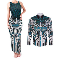 Custom Aotearoa Ngati Porou Couples Matching Tank Maxi Dress and Long Sleeve Button Shirt Maori Tribal Pattern Mix Poutama LT05 Blue - Polynesian Pride