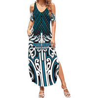 Custom Aotearoa Ngati Porou Family Matching Summer Maxi Dress and Hawaiian Shirt Maori Tribal Pattern Mix Poutama LT05 Mom's Dress Blue - Polynesian Pride