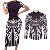 Custom Aotearoa Rangitane Couples Matching Short Sleeve Bodycon Dress and Long Sleeve Button Shirt Maori Tribal Pattern Mix Poutama