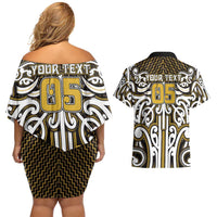 Custom Aotearoa Taranaki Couples Matching Off Shoulder Short Dress and Hawaiian Shirt Maori Tribal Pattern Mix Poutama