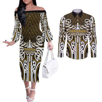 Custom Aotearoa Taranaki Couples Matching Off The Shoulder Long Sleeve Dress and Long Sleeve Button Shirt Maori Tribal Pattern Mix Poutama