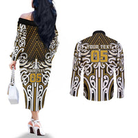 Custom Aotearoa Taranaki Couples Matching Off The Shoulder Long Sleeve Dress and Long Sleeve Button Shirt Maori Tribal Pattern Mix Poutama