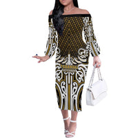 Custom Aotearoa Taranaki Family Matching Off The Shoulder Long Sleeve Dress and Hawaiian Shirt Maori Tribal Pattern Mix Poutama LT05 Mom's Dress Yellow - Polynesian Pride