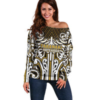 Custom Aotearoa Taranaki Off Shoulder Sweater Maori Tribal Pattern Mix Poutama