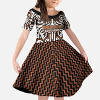 Custom Aotearoa Waikato Family Matching Off Shoulder Maxi Dress and Hawaiian Shirt Maori Tribal Pattern Mix Poutama LT05 Daughter's Dress Orange - Polynesian Pride