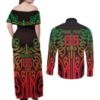 Custom Aotearoa Tuhoe Couples Matching Off Shoulder Maxi Dress and Long Sleeve Button Shirt Maori Tribal Pattern Mix Poutama