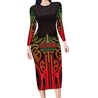 Custom Aotearoa Tuhoe Family Matching Long Sleeve Bodycon Dress and Hawaiian Shirt Maori Tribal Pattern Mix Poutama LT05 Mom's Dress Black - Polynesian Pride