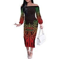 Custom Aotearoa Tuhoe Family Matching Off The Shoulder Long Sleeve Dress and Hawaiian Shirt Maori Tribal Pattern Mix Poutama LT05 Mom's Dress Black - Polynesian Pride