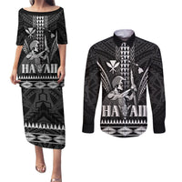 Personalised Hawaii Happy King Kamehameha Day Couples Matching Puletasi and Long Sleeve Button Shirt Kakau Pattern LT05 Black - Polynesian Pride
