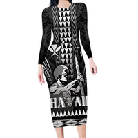 Personalised Hawaii Happy King Kamehameha Day Long Sleeve Bodycon Dress Kakau Pattern LT05 Long Dress Black - Polynesian Pride