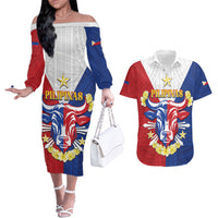 Personalised Philippines Independence Day Couples Matching Off The Shoulder Long Sleeve Dress and Hawaiian Shirt Maligayang Araw ng Kalayaan Filipino Carabao LT05 Red - Polynesian Pride