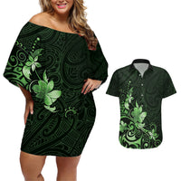 Matariki New Zealand Couples Matching Off Shoulder Short Dress and Hawaiian Shirt Maori Pattern Green Galaxy LT05 Green - Polynesian Pride