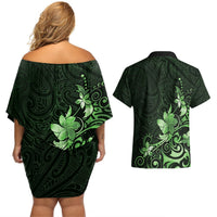 Matariki New Zealand Couples Matching Off Shoulder Short Dress and Hawaiian Shirt Maori Pattern Green Galaxy LT05 - Polynesian Pride