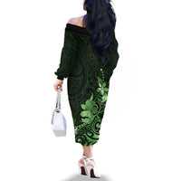 Matariki New Zealand Family Matching Off The Shoulder Long Sleeve Dress and Hawaiian Shirt Maori Pattern Green Galaxy LT05 - Polynesian Pride