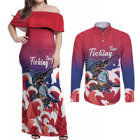 Guam Blue Marlin Fishing Couples Matching Off Shoulder Maxi Dress and Long Sleeve Button Shirt Polynesian Style