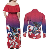 Guam Blue Marlin Fishing Couples Matching Off Shoulder Maxi Dress and Long Sleeve Button Shirt Polynesian Style