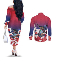 Guam Blue Marlin Fishing Couples Matching Off The Shoulder Long Sleeve Dress and Long Sleeve Button Shirt Polynesian Style