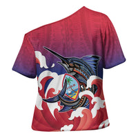 Guam Blue Marlin Fishing Cross Shoulder Shirt Polynesian Style