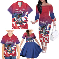 Guam Blue Marlin Fishing Family Matching Off The Shoulder Long Sleeve Dress and Hawaiian Shirt Polynesian Style LT05 - Polynesian Pride