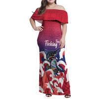 Guam Blue Marlin Fishing Family Matching Off Shoulder Maxi Dress and Hawaiian Shirt Polynesian Style LT05 Mom's Dress Red - Polynesian Pride