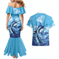 Hawaii Blue Marlin Fishing Couples Matching Mermaid Dress and Hawaiian Shirt