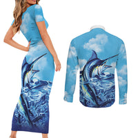 Hawaii Blue Marlin Fishing Couples Matching Short Sleeve Bodycon Dress and Long Sleeve Button Shirt