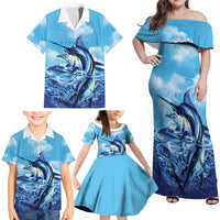 Hawaii Blue Marlin Fishing Family Matching Off Shoulder Maxi Dress and Hawaiian Shirt