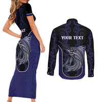 Personalised New Zealand Aotearoa Couples Matching Short Sleeve Bodycon Dress and Long Sleeve Button Shirt Blue Marlin Fishing Maori Pattern LT05 - Polynesian Pride