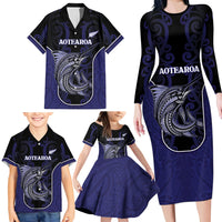 Personalised New Zealand Aotearoa Family Matching Long Sleeve Bodycon Dress and Hawaiian Shirt Blue Marlin Fishing Maori Pattern LT05 - Polynesian Pride