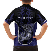 Personalised New Zealand Aotearoa Family Matching Off Shoulder Short Dress and Hawaiian Shirt Blue Marlin Fishing Maori Pattern LT05 - Polynesian Pride