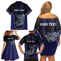 Personalised New Zealand Aotearoa Family Matching Off Shoulder Short Dress and Hawaiian Shirt Blue Marlin Fishing Maori Pattern LT05 - Polynesian Pride