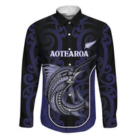 Personalised New Zealand Aotearoa Family Matching Off Shoulder Short Dress and Hawaiian Shirt Blue Marlin Fishing Maori Pattern LT05 Dad's Shirt - Long Sleeve Black - Polynesian Pride