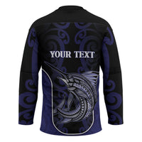 Personalised New Zealand Aotearoa Hockey Jersey Blue Marlin Fishing Maori Pattern