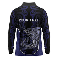 Personalised New Zealand Aotearoa Long Sleeve Polo Shirt Blue Marlin Fishing Maori Pattern