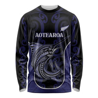 Personalised New Zealand Aotearoa Long Sleeve Shirt Blue Marlin Fishing Maori Pattern
