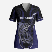 Personalised New Zealand Aotearoa Scrub Top Blue Marlin Fishing Maori Pattern
