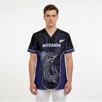 Personalised New Zealand Aotearoa Scrub Top Blue Marlin Fishing Maori Pattern