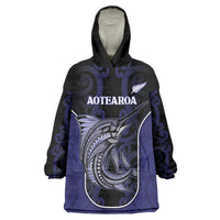 Personalised New Zealand Aotearoa Wearable Blanket Hoodie Blue Marlin Fishing Maori Pattern